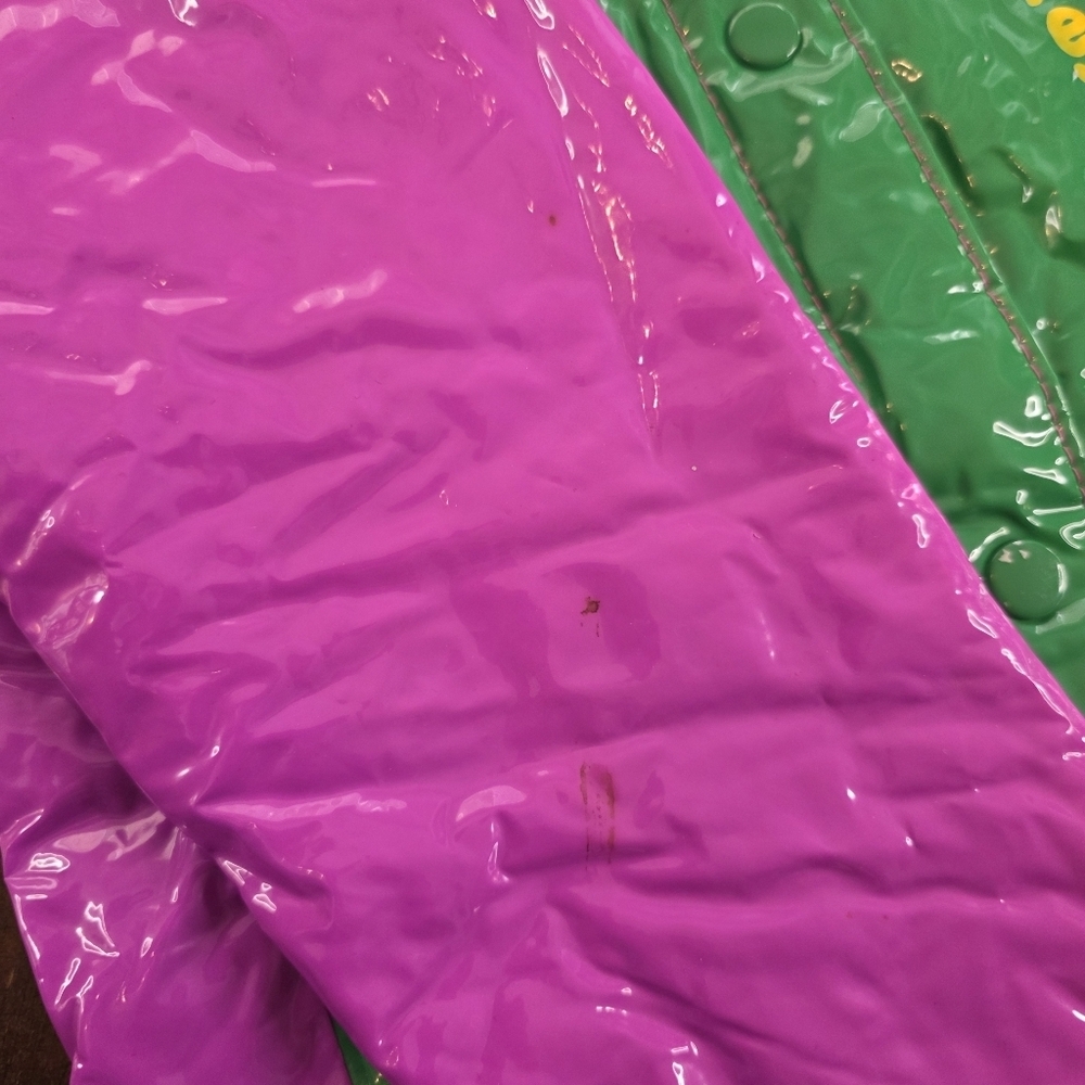Vintage 90s Barney Dinosaur Kids Raincoat Hooded Purple PVC Jacket Costume - Picture 6 of 16